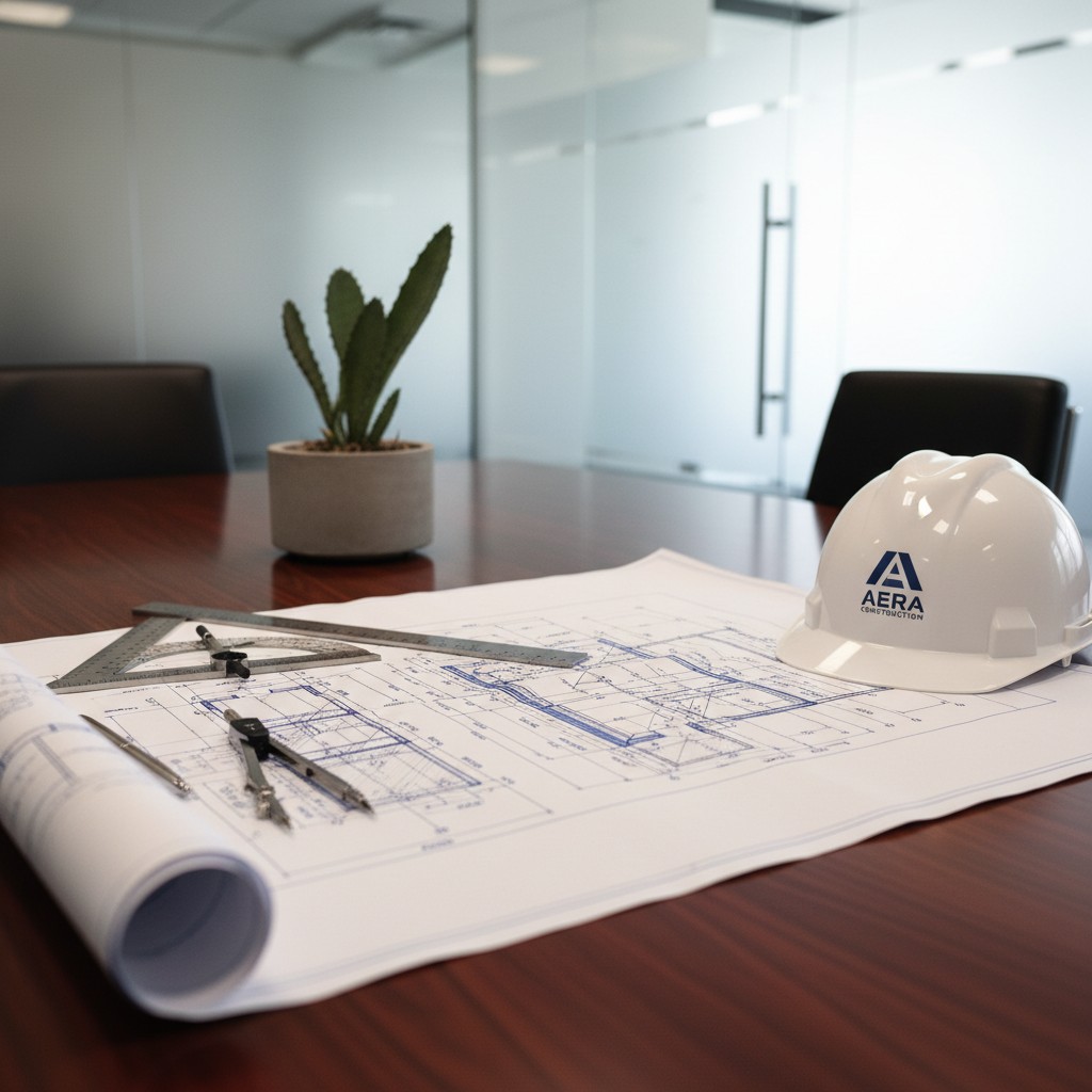 Construction safety hard hat display atop a set of architectural plans.