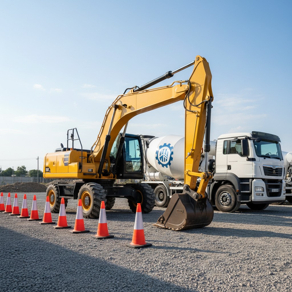 An excavator in a field surrounded with cones and parked next to a cement truck, with the sky in the background.
