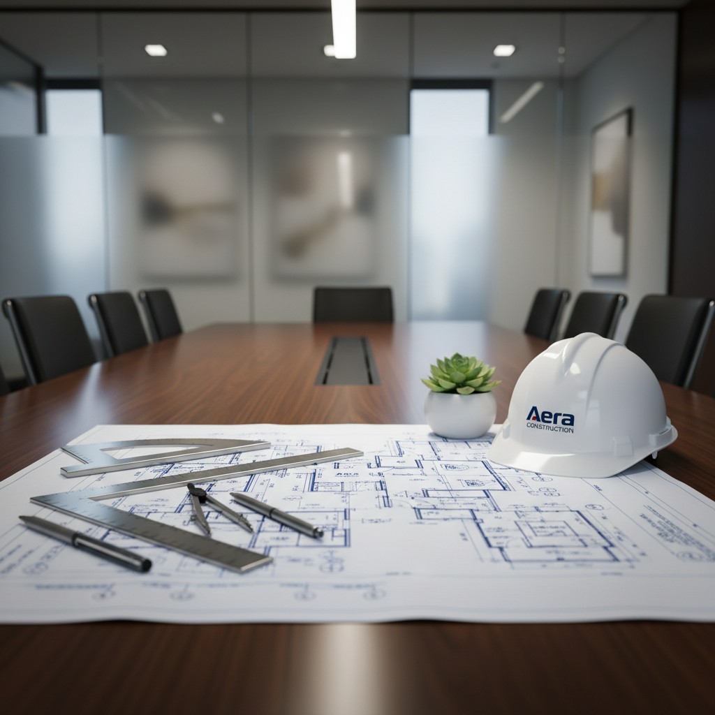 Contractors meeting room with architecture layout sheet, white hard hat with aeros corporate logo and cactus.