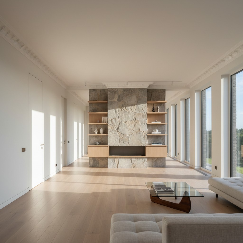 The modern living room features a large stone fireplace as its central focal point, flanked by wooden shelving units on ei...