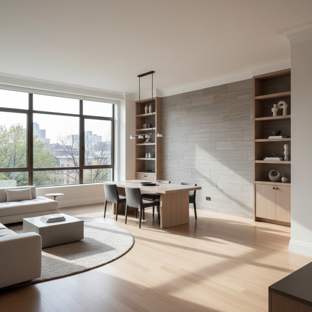 A modern dining and living room with a city view.