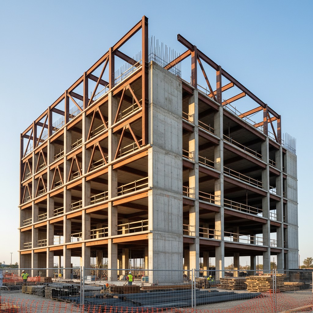 A large building under construction with a steel frame and concrete walls, featuring multiple levels and a clear blue sky ...