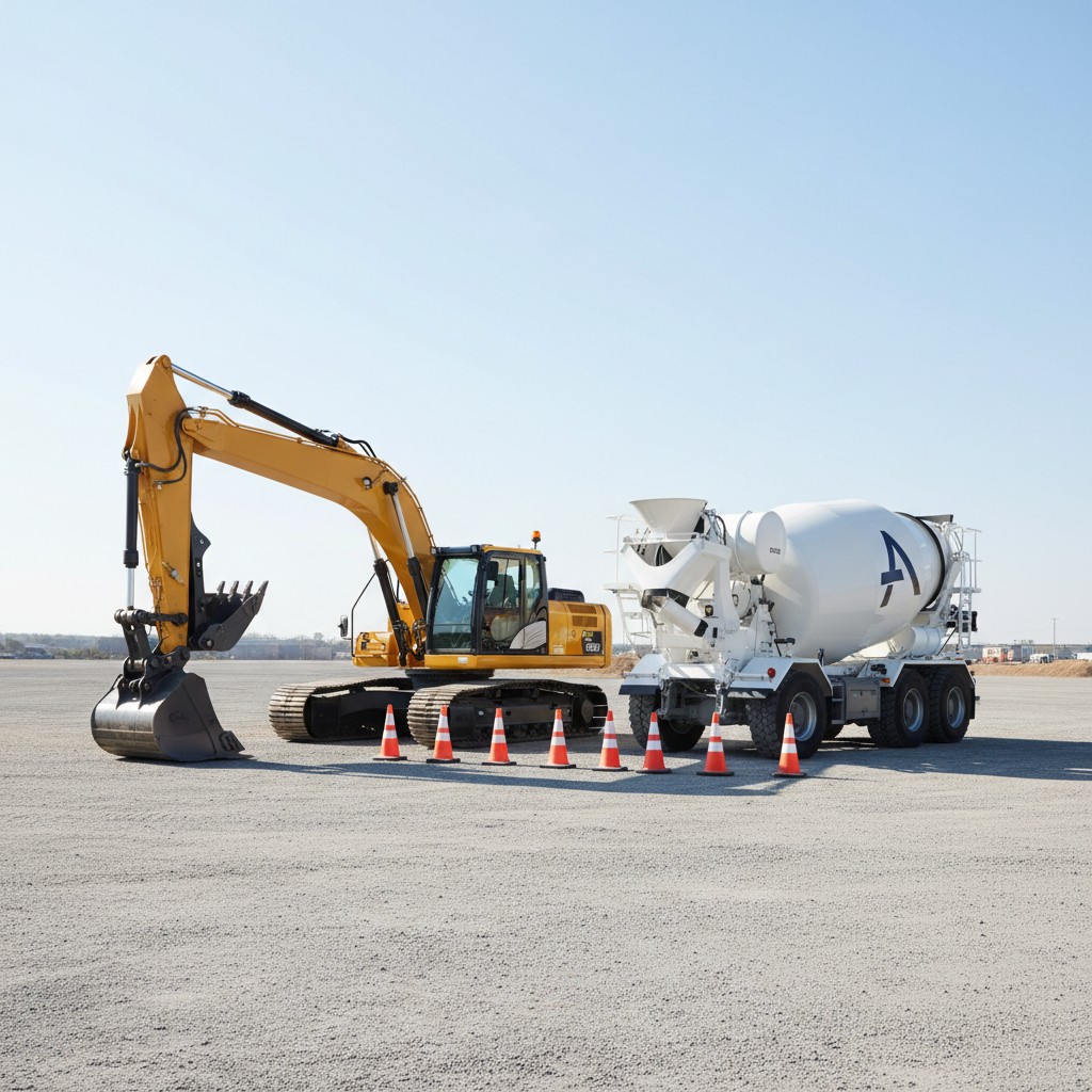 An excavator with a cement mixer, all with orange cones around them against a blue sky.