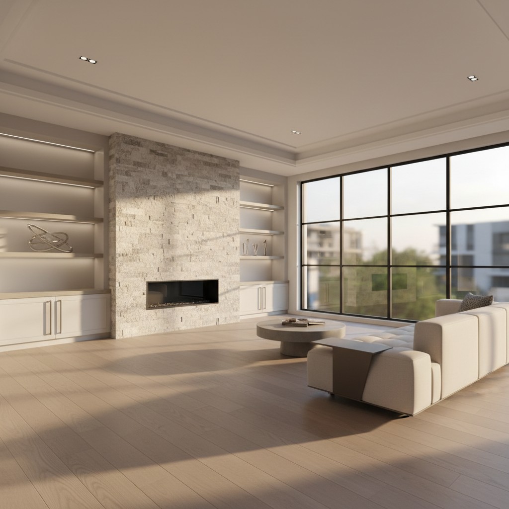 A bright modern living room comprising a beige sectional sofa, a modern fireplace, a large window and built-in storage units.